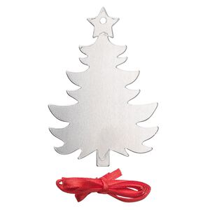Ornament, ImpressArt®, aluminum and polyester, 2-7/8 x 2 inch holiday tree with ribbon. Sold per pkg of 3.