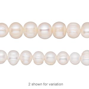 Pearl, cultured freshwater (bleached), white, 6-7mm semi-round, D grade, Mohs hardness 2-1/2 to 4. Sold per 14-inch strand.