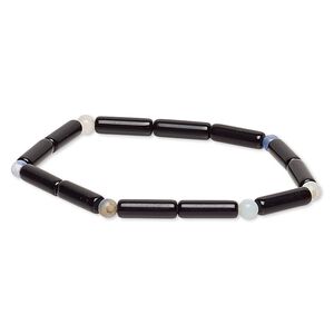 Bracelet, stretch, multi-gemstone (natural / dyed / heated) and glass, multicolored and opaque black, 4-5mm round and 13x4mm-14x4mm round tube, 6-1/2 inches. Sold individually.
