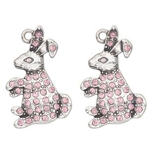 Charm, antique silver-finished "pewter" (zinc-based alloy) and glass, pink, 26x19mm single-sided rabbit. Sold per pkg of 2.