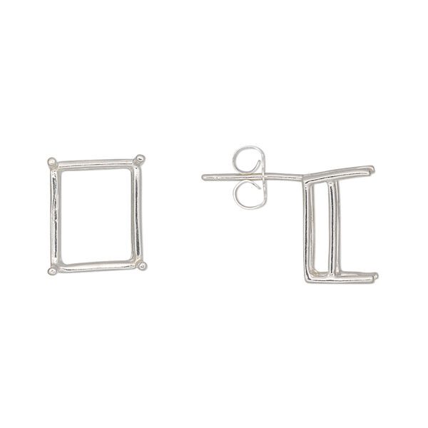 Earstud, Sure-Set™, sterling silver, 12x10mm with 4-prong emerald-cut basket setting. Sold per pair. image number 0