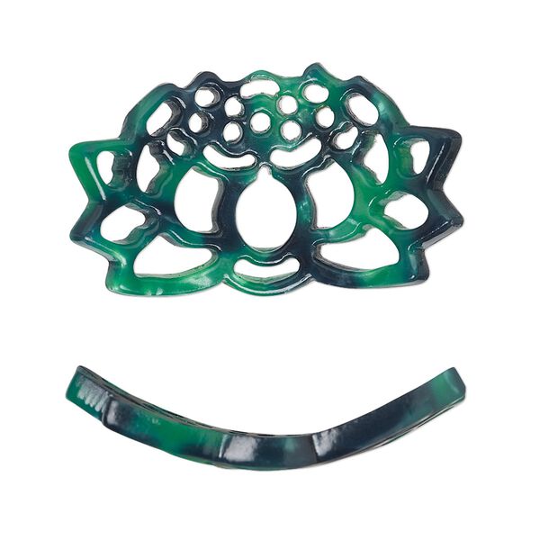 Focal, resin, green and dark green, 32x19mm curved lotus flower with cutouts. Sold per pkg of 4. image number 0
