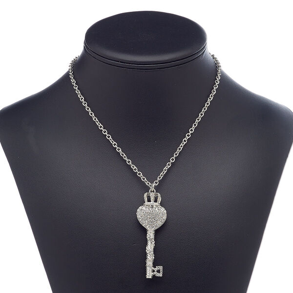 Necklace, glass rhinestone with imitation rhodium-plated steel and "pewter" (zinc-based alloy), clear, 64x21mm heart key with crown, 24 inches with lobster claw clasp. Sold individually. image number 0
