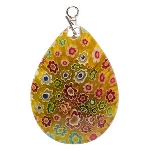 Focal, millefiori glass and silver-finished steel 1pkg1, translucent orange and multicolored, 39x29mm-40x30mm puffed teardrop.
