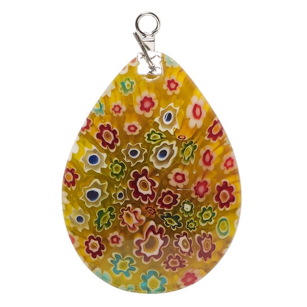 Focal, millefiori glass and silver-finished steel 1pkg1, translucent orange and multicolored, 39x29mm-40x30mm puffed teardrop. image number 0