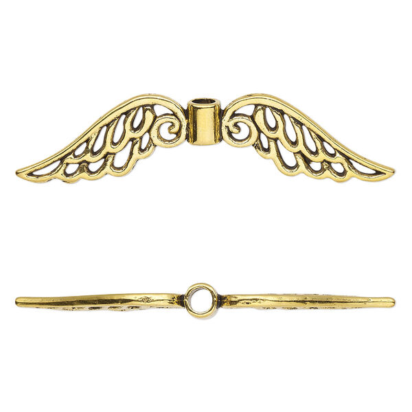 Bead, antique gold-finished "pewter" (zinc-based alloy), 53x13mm double-sided angel wing with cutout. Sold per pkg of 4. image number 0