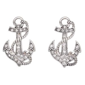 Charm, antique silver-finished "pewter" (zinc-based alloy) and glass, clear, 25x20mm anchor. Sold per pkg of 2.