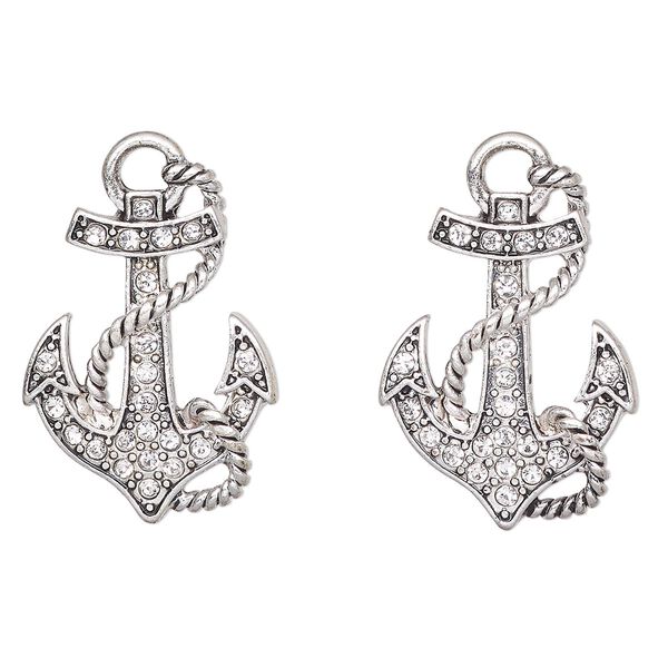 Charm, antique silver-finished "pewter" (zinc-based alloy) and glass, clear, 25x20mm anchor. Sold per pkg of 2. image number 0