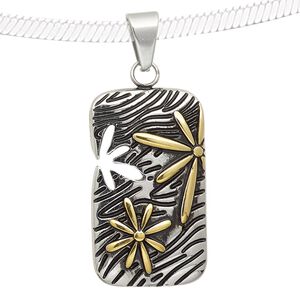 Pendant, epoxy with stainless steel and gold-finished stainless steel, black, 35x20mm rectangle with flower cutout and flower design. Sold individually.