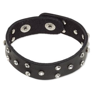 Bracelet, leather (dyed) / glass rhinestone / imitation rhodium-finished steel, black and clear, 22mm wide with rivets, adjustable at 6 and 7 inches with double snap closure. Sold individually.