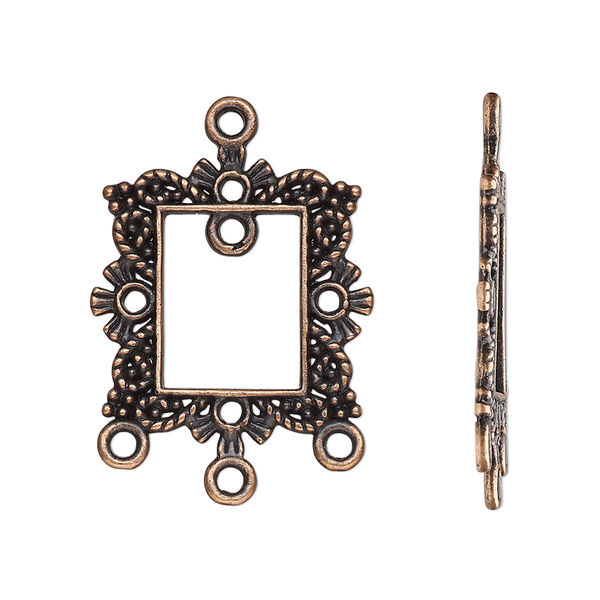 Drop, antique copper-finished "pewter" (zinc-based alloy), 23x21mm single-sided open rectangle frame with fancy beaded design and 4 closed loops. Sold per pkg of 10. image number 0