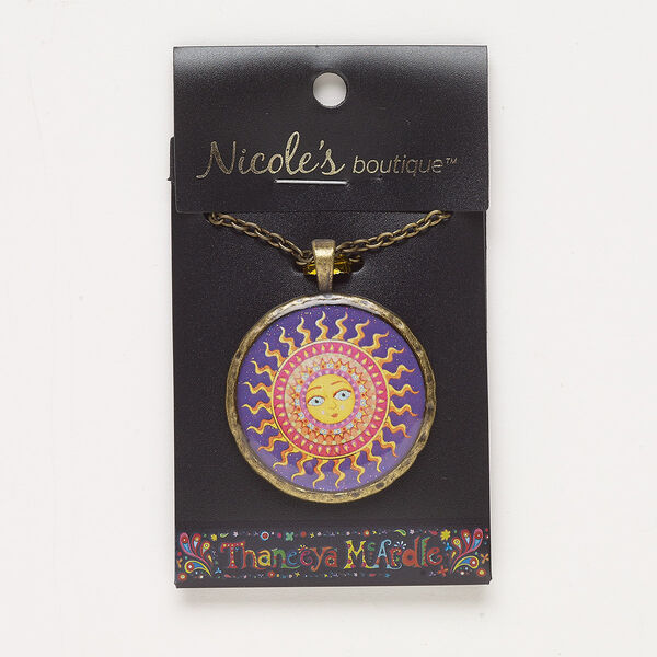 Necklace, resin / antique brass-finished "pewter" (zinc-based alloy) / steel, multicolored, 36mm round with sun design and glitter, 23 inches with lobster claw clasp. Sold individually. image number 0