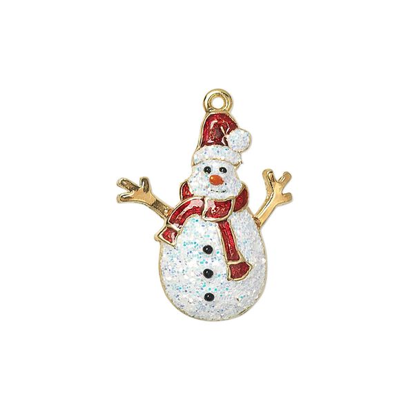 Charm, enamel and gold-finished "pewter" (zinc-based alloy), multicolored with glitter, 22.5x19mm single-sided snowman. Sold individually. image number 0