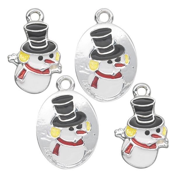 Charm, silver-finished "pewter" (zinc-based alloy) and enamel, multicolored, (2) 20x16mm single-sided flat ovals with snowmen and (2) 18x14mm single-sided snowmen with glitter. Sold per pkg of 4. image number 0