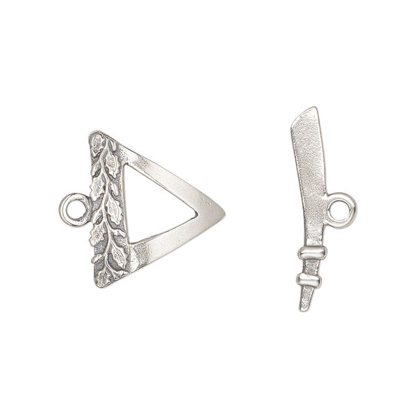Clasp, toggle, antiqued sterling silver, 16.5x16.5x15.5mm single-sided triangle with leaf design. Sold individually. image number 0