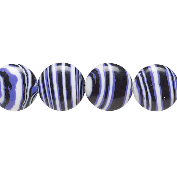 Bead, resin, black / white / purple, 12mm flat round. Sold per 15" to 16" strand. image number 0