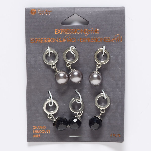 Drop mix, glass / glass pearl / silver-finished "pewter" (zinc-based alloy) / steel, opaque black and grey, 27x11mm-29x11mm round and faceted round with 6.5mm hole. Sold per pkg of 6. image number 0