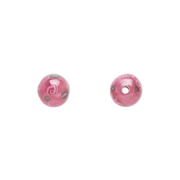 Bead, Czech lampworked glass, opaque pink and green, 6-7mm round with flower design. Sold per pkg of 10. image number 0