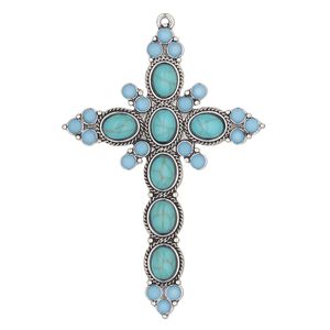 Focal, antique brass-finished "pewter" (zinc-based alloy), "turquoise" (imitation) resin and glass, turquoise , 2-3/4x2-inch single-sided cross. Sold individually.