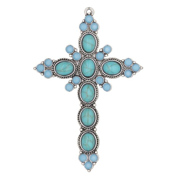 Focal, antique brass-finished "pewter" (zinc-based alloy), "turquoise" (imitation) resin and glass, turquoise , 2-3/4x2-inch single-sided cross. Sold individually. image number 0