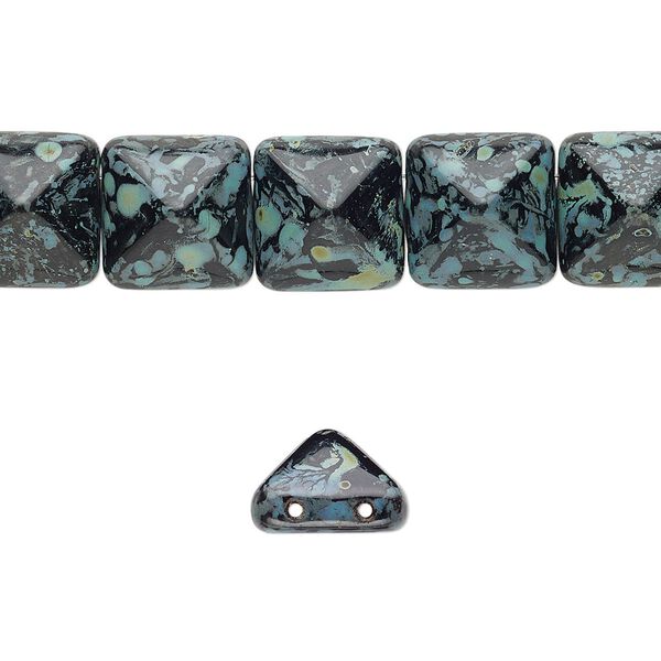 Spacer, Preciosa, Czech pressed glass, opaque black / blue / green tortoise, 11x11x7.5mm 2-strand pyramid, fits up to 5.5mm bead. Sold per 8-inch strand, approximately 15 spacers. image number 0