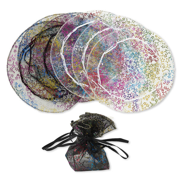 Gift pouch, organza, black / white / multicolored, 10-inch round with moon and star pattern and drawstring. Sold per pkg of 6. image number 0