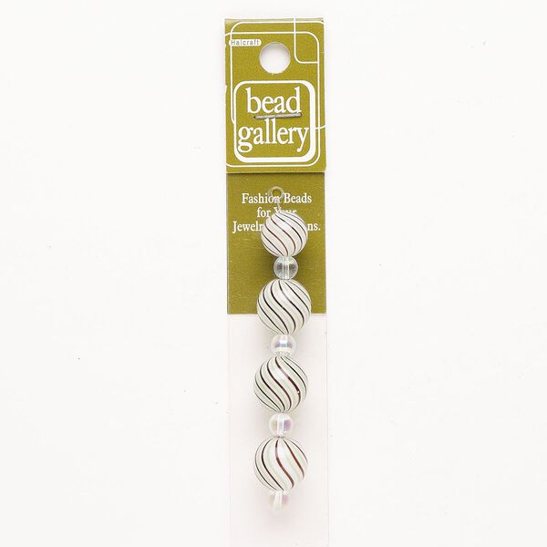 Bead 1pkg4 handblown glass, 12-15mm round / line design, assortment translucent purple / white / green image number 0