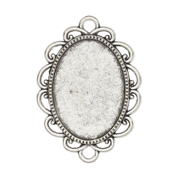 Link, glue-in, antique silver-finished "pewter" (zinc-based alloy), 30.5x26mm single-sided fancy oval with 25x18mm oval setting. Sold per pkg of 2. image number 0