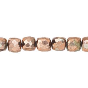 Bead, oxidized / electroplated / copper-plated pyrite (coated), 7x6mm-8mm hand-cut faceted cube with 0.4-1.1mm hole, D grade, Mohs hardness 6. Sold per 8-inch strand.