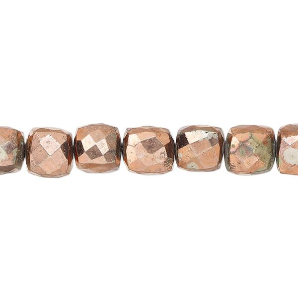 Bead, oxidized / electroplated / copper-plated pyrite (coated), 7x6mm-8mm hand-cut faceted cube with 0.4-1.1mm hole, D grade, Mohs hardness 6. Sold per 8-inch strand. image number 0