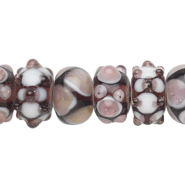 Bead, lampworked glass, purple / lavender / white, 14x8mm rondelle. Sold per pkg of 20. image number 0