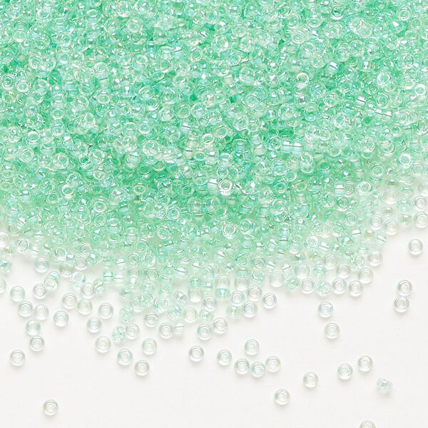Seed bead, Miyuki, glass, pkg/35g, #15 rocaille, translucent light mint green-lined rainbow crystal clear (RR-271). image number 0