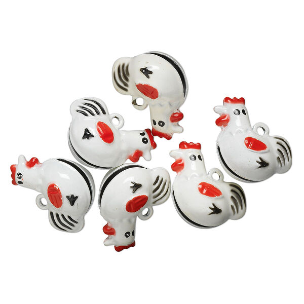 Bell, brass and enamel, white / black / red, 25x21mm chicken. Sold per pkg of 6. image number 0