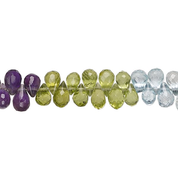 Multi-gemstone 1pkg1, hand-cut top-drilled faceted teardrop bead, 8 inch 6x3-7x4mm image number 1