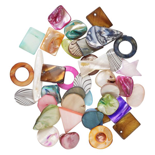 Bead mix, mother-of-pearl shell (dyed), mixed colors, 17x10mm-31x21mm top- and center-drilled mixed shapes with 0.6-0.8mm hole, Mohs hardness 3-1/2. Sold per 3-ounce pkg, approximately 40-50 beads. image number 0