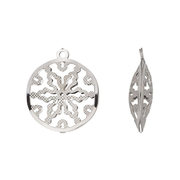 Drop, stainless steel, 18mm double-sided domed round with textured cut-out snowflake design. Sold per pkg of 6. image number 0