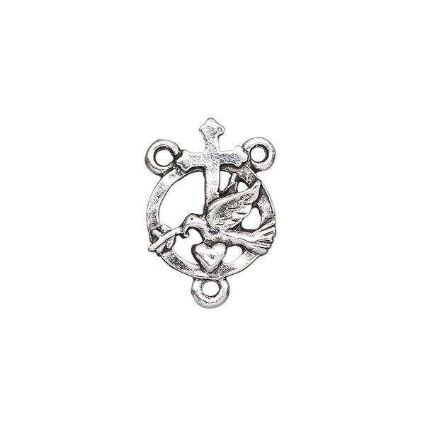 Connector, pewter (tin-based alloy), pkg/1, antique silver plate, 17x13mm open rosary round with cross/heart/dove. image number 0
