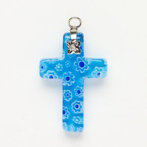 Focal 1pkg1 silver-finished steel and millefiori glass, translucent and transparent aqua blue / cobalt blue / white, 30x20mm-32x24mm cross.