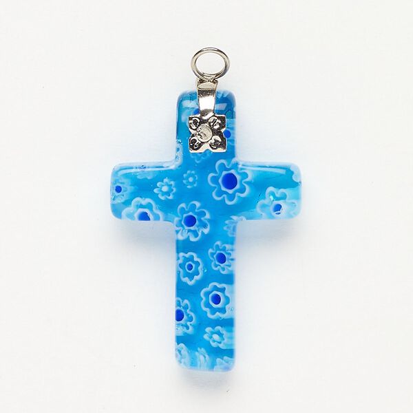 Focal 1pkg1 silver-finished steel and millefiori glass, translucent and transparent aqua blue / cobalt blue / white, 30x20mm-32x24mm cross. image number 0