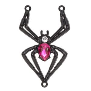 Connector, black-finished "pewter" (zinc-based alloy) and resin, black / pink / clear, 42x29mm spider Y-connector. Sold per pkg of 2.