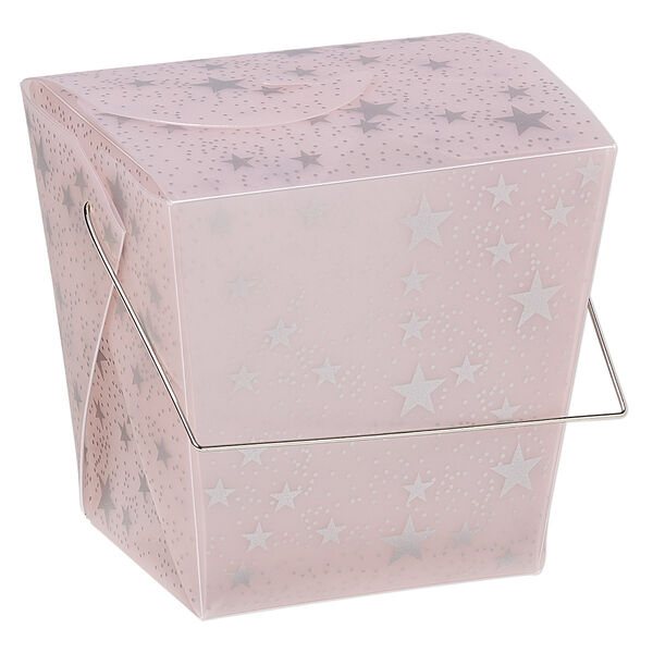 Box, plastic and silver-finished steel, pink and silver, 4-1/8 x 3-1/2 x 4-inch takeout box with star design and handle. Sold per pkg of 6. image number 0