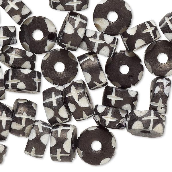 Bead, bone (dyed), black and white, 8x5mm-10x8mm drum, Mohs hardness 2-1/2. Sold per pkg of 32. image number 0