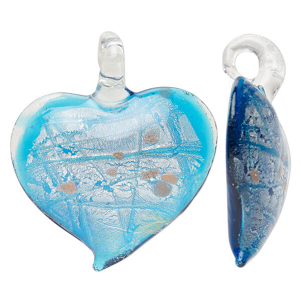 Focal, lampworked glass, clear and translucent light blue, 44x40mm-47x44mm domed heart with copper-colored glitter and silver-colored foil. Sold individually. image number 0
