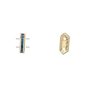 Spacer, glass rhinestone and gold-finished brass, blue, 11x2.5mm 2-strand bridge, fits up to 4.5mm bead. Sold per pkg of 10.