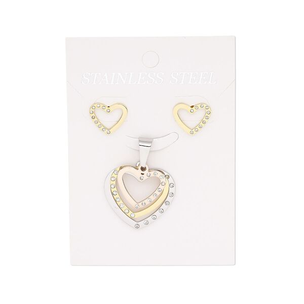 Pendant and earring, glass rhinestone / stainless steel / copper- / gold-finished stainless steel, clear, 26x24mm triple open heart pendant, 12.5x12.5mm open heart with post. Sold per set. image number 0
