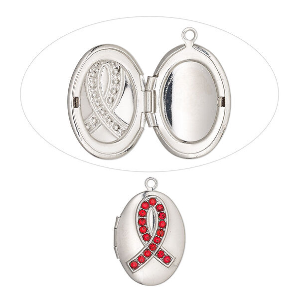 Drop, glass rhinestone and imitation rhodium-plated brass, red, 21x16mm oval locket with awareness ribbon and 14x10mm oval setting. Sold individually. image number 0