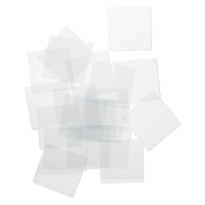 Design element, glass, clear, 1-1/2 x 1-1/2 inch flat square with grounded edges. Sold per pkg of 20.
