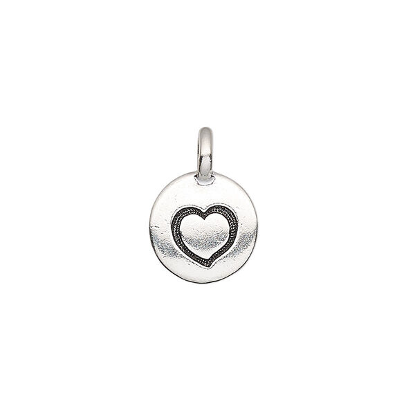 Drop, TierraCast®, antique silver-plated pewter (tin-based alloy), 11.5mm single-sided round with textured heart. Sold per pkg of 2. image number 0