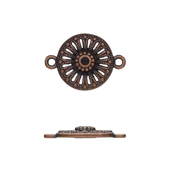 Link, antique copper-finished "pewter" (zinc-based alloy), 15mm single-sided round with cutout flower and beaded design. Sold per pkg of 20. image number 0