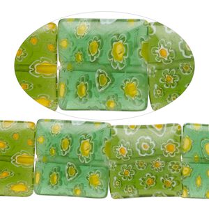 Bead, millefiori glass, translucent green / spring green / yellow / golden yellow / white, 16mm puffed square with flower design. Sold per 14-inch strand.